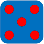 BLUE DICE NUMBER FIVE WITH RED DOTS