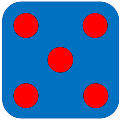 BLUE DICE NUMBER FIVE WITH RED DOTS